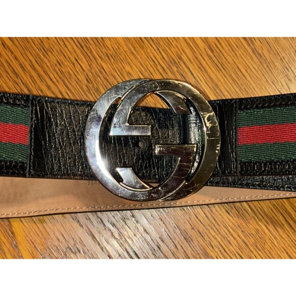 Gucci Red And Green Belt Designer Luxury Authentic Size 90 CM Leather And Canvas